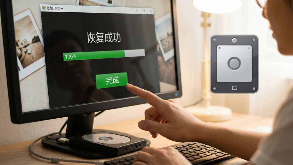 主体:用户正在电脑上操作照片恢复软件,屏幕上显示恢复进度100%;布局:用户手指点击“完成”按钮,旁边有移动硬盘图标;排版:简洁明了,聚焦操作动作;风格:写实照片风格,温暖色调;细节:屏幕显示“恢复成功”,外部硬盘数据线连接;画质:高清、干净、无多余元素