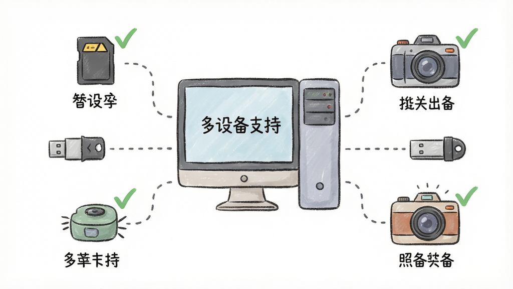 主体:照片恢复软件连接多种设备示意图;布局:中心是电脑主机,周围环绕SD卡、U盘、相机等,每个设备用虚线连接;排版:设备图标下方标注名称;风格:手绘插画风,柔和色彩;细节:电脑屏幕显示“多设备支持”,每个设备旁有“”标记;画质:高清、干净、无多余元素