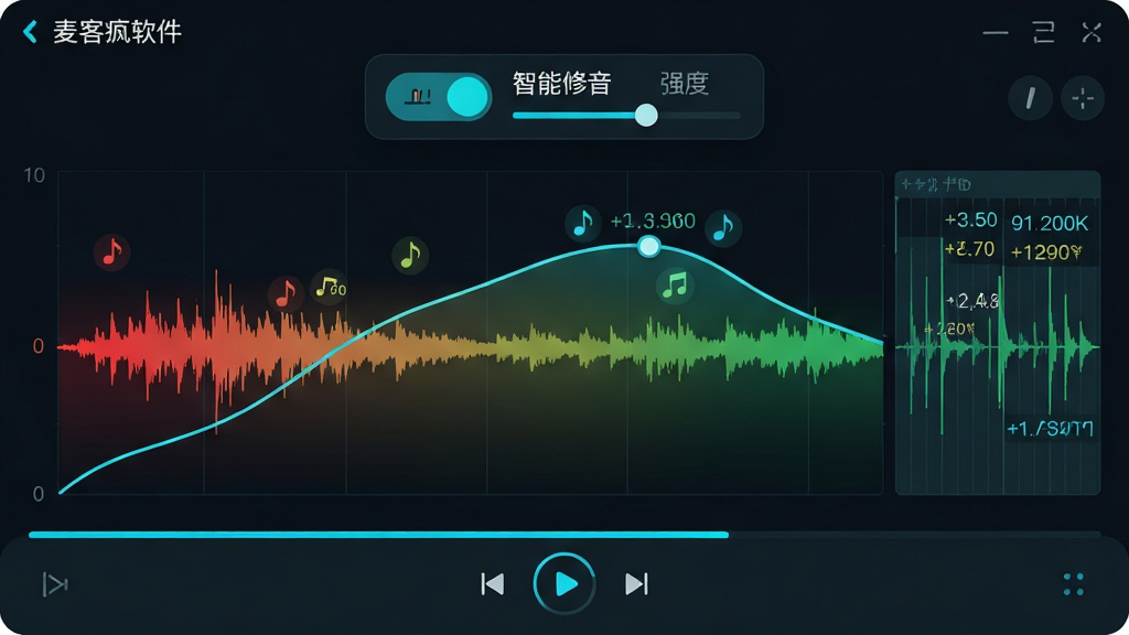 主体:麦客疯软件智能修音功能界面特写,显示一条平滑的音高修正曲线,旁边有自动对齐的节拍网格;布局:中央大波形图,上方悬浮“智能修音”开关与强度调节滑块,下方为预览播放控制条;排版:波形颜色从红色逐渐过渡到绿色,表示修正过程,界面简洁专业;风格:深色背景搭配青蓝色高亮线条,科技感强;细节:波形上有微小的音符图标闪烁,参数数值实时跳动;画质:高清晰度,干净,无多余元素。