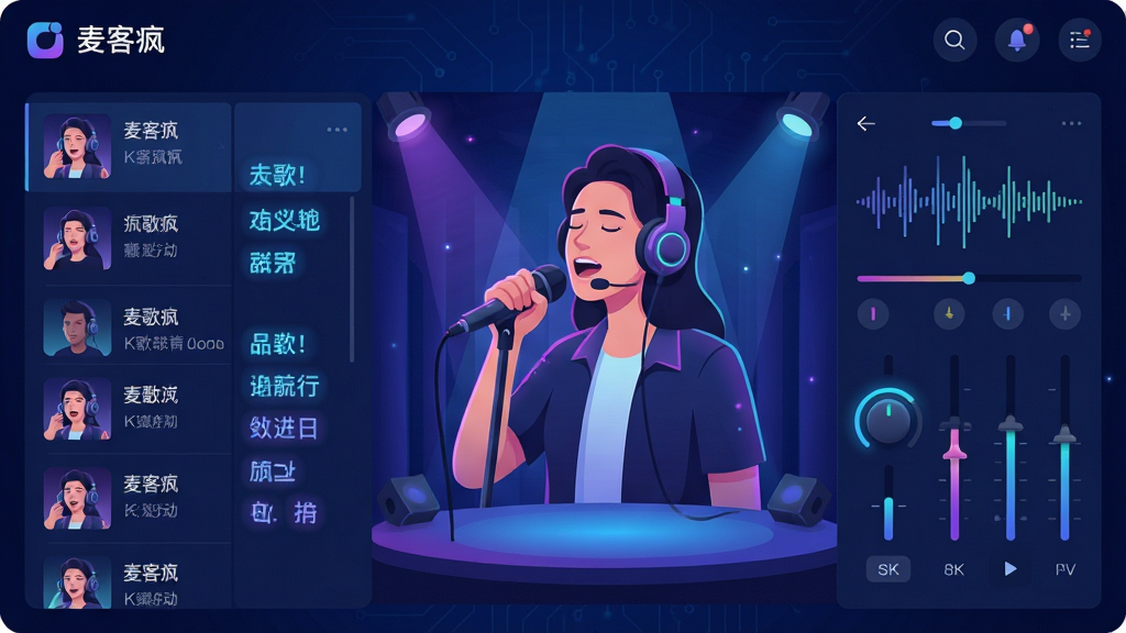 主体:麦客疯软件主界面,展示一个时尚的K歌演唱画面,歌手戴着耳机对着麦克风深情演唱;布局:左侧显示歌曲列表与歌词,右侧为波形调音面板,中央是舞台感十足的歌手形象;排版:界面图标清晰,功能按钮排列有序,整体呈深蓝色科技感背景;风格:现代扁平化结合微拟物设计,色调以蓝紫渐变为主,搭配霓虹光效;细节:歌词逐字高亮,调音旋钮带发光指示,音量动态条跳动;画质:8K超高清,干净,无多余元素。