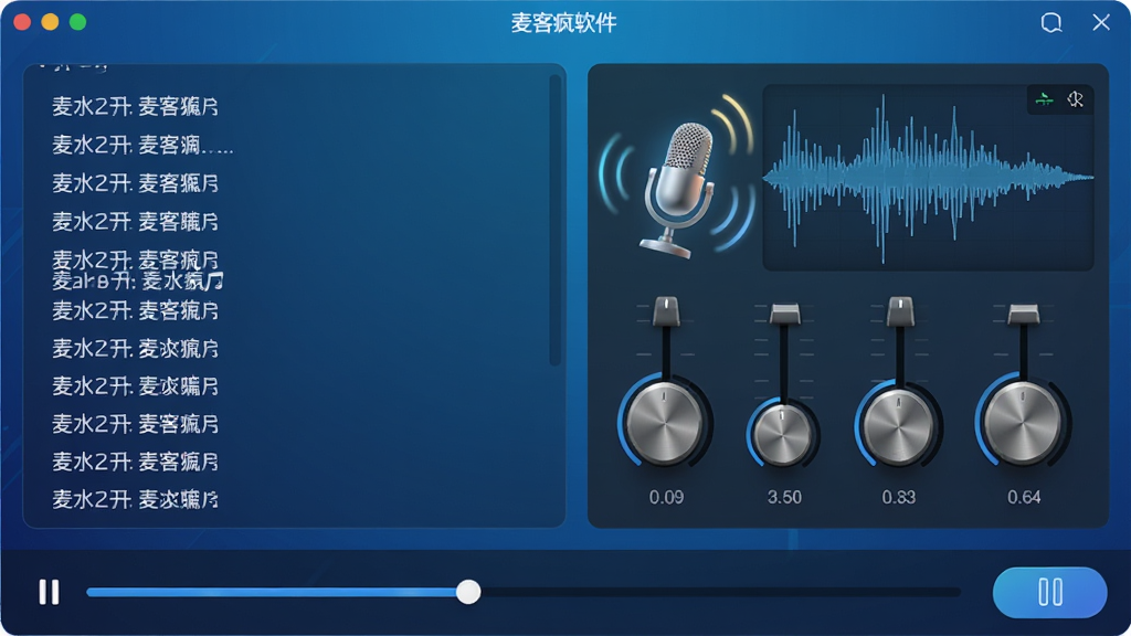 主体:麦客疯软件在电脑上的运行界面,显示正在录制歌曲,麦克风图标亮起,波形图流畅;布局:左侧为歌词滚动,右侧为调音台,下方有进度条和暂停按钮;排版:整体界面干净,功能按钮清晰可见,背景为渐变科技蓝;风格:现代感强,细节丰富;细节:麦克风图标带有声波扩散动画,调音台旋钮有金属光泽;画质:超清,干净,无多余元素。