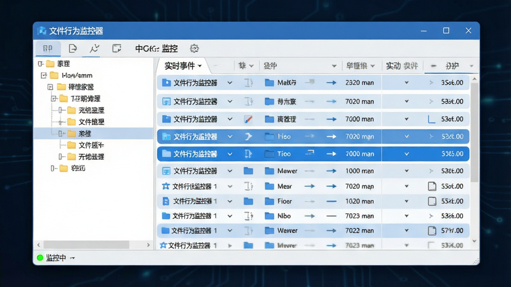 主体:文件行为监控器软件主界面,左侧文件夹树,右侧实时事件列表滚动显示。布局:居中展示完整窗口,标题栏有“文件行为监控器”文字。排版:清晰的分栏结构,列表行高亮显示最新事件。风格:现代扁平化,蓝色科技色调。细节:窗口边缘柔和阴影,状态栏显示“监控中”绿色指示灯。画质:高清,干净,无多余元素。