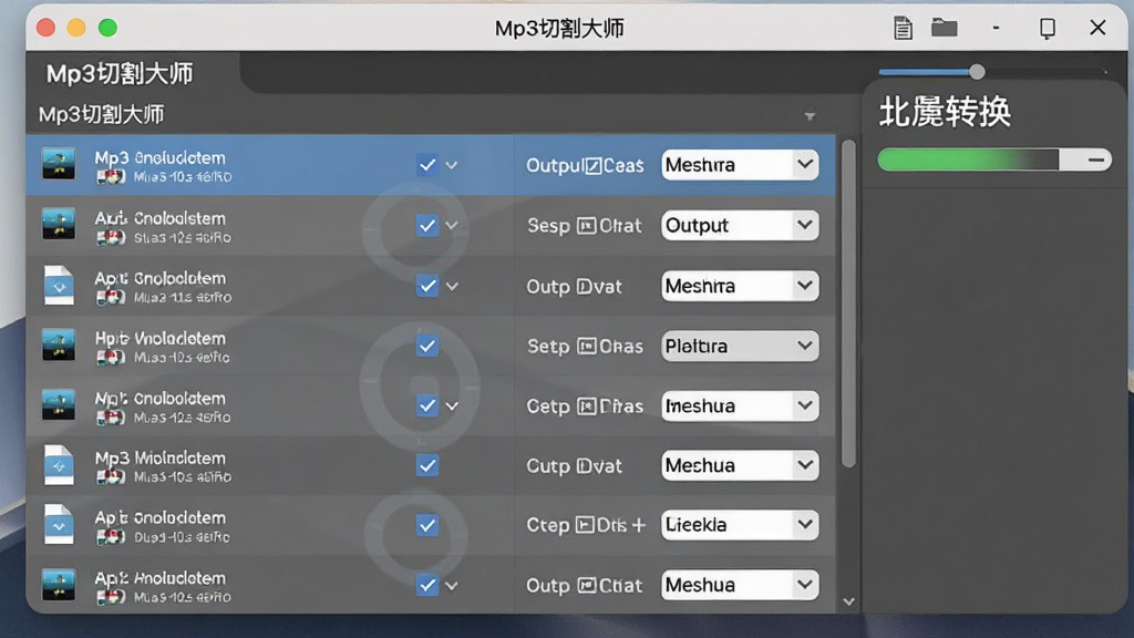 一张展示Mp3切割大师批量处理功能的界面截图,画面中文件列表整齐排列多个音频文件,每个文件旁都有勾选状态和输出格式选项,右侧显示批量转换进度条,背景为简洁的操作系统窗口,风格清晰明了,色调柔和干净,画质清晰