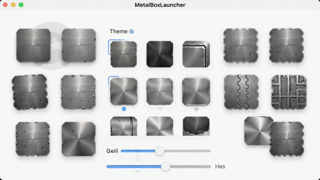 主体为MetalBoxLauncher的设置界面,展示主题选择器,屏幕上悬浮着多个不同金属纹理的图标预览块,周围有调节光泽与纹理深度的滑动条。整体布局为界面居中,预览图环绕排列。风格为扁平化结合轻微拟物,UI界面清晰,金属质感细腻,画质干净高清,无多余元素。