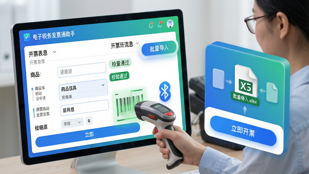 ���壺����˰��Ʊͨ�������ܿ�Ʊ���ܽ��棬��Ļ��ʾ��Ʊ������д״̬���Ҳ��������������롱��ť������Ϊ������Աʹ���ֻ�ɨ��ǹɨ����Ʒ���롣���֣��������������Ҳ�3D��ƬʽչʾExcel��������ʾ�⣬�ײ��С�������Ʊ����ɫ��ť���Ű棺�����ֶ���������Ʒ��Ϣ�Զ���䣬��ʾ��У��ͨ������ɫ��ǩ����񣺱�ƽ��΢��̬��ϣ����̽�����ɫ��������Ƽ��С�ϸ�ڣ������Ϸ��С�����˰��Ʊͨ���֡�Ʒ�Ʊ�ʶ�������ļ�ͼ����ʾ����������.xlsx����ɨ��ǹ��������ͼ�ꡣ���ʣ������壬�ɾ����޶���Ԫ�ء�