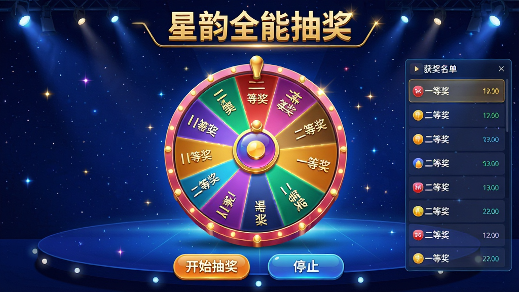 ���壺����ȫ�ܳ齱���������������棬չʾһ��Ѥ����ʵ�3D�齱��ת�̣�ת���ϻ��ֶ����ɫ��������ÿ��������С�һ�Ƚ����������Ƚ���������������Ϊ����ɫ�ǿ���̨���ƹ���˸�����֣���������Ϊת�̣��·��С���ʼ�齱���͡�ֹͣ����ť���Ҳ��л����������б����Ű棺ת���Ϸ��н�ɫ���⡰����ȫ�ܳ齱��������������ҶԳƣ���Ϣ�㼶����������ִ��Ƽ��У�ɫ�����ޣ��߹���Ⱦ��ϸ�ڷḻ�����ʣ�8K�����壬��Ӱ��ʵ���ɾ��޶���Ԫ�ء�
