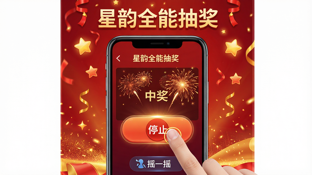 ���壺����ȫ�ܳ齱�������ֻ��ϵĲ������棬��ָ�����ֹͣ����ť����Ļ��ʾ�н����������̻�Ч�������֣��ֻ���Ļ���У���Χ�����ǵ�׺���Ϸ��С�����ȫ�ܳ齱���������Ű棺�ֻ������࣬��ť���ԣ��·��С�ҡһҡ��������ʾ�����ϲ���磬����Ϊ��ɫ���䣬��ɫ���ӡ����ʣ����壬�޶���Ԫ�ء�