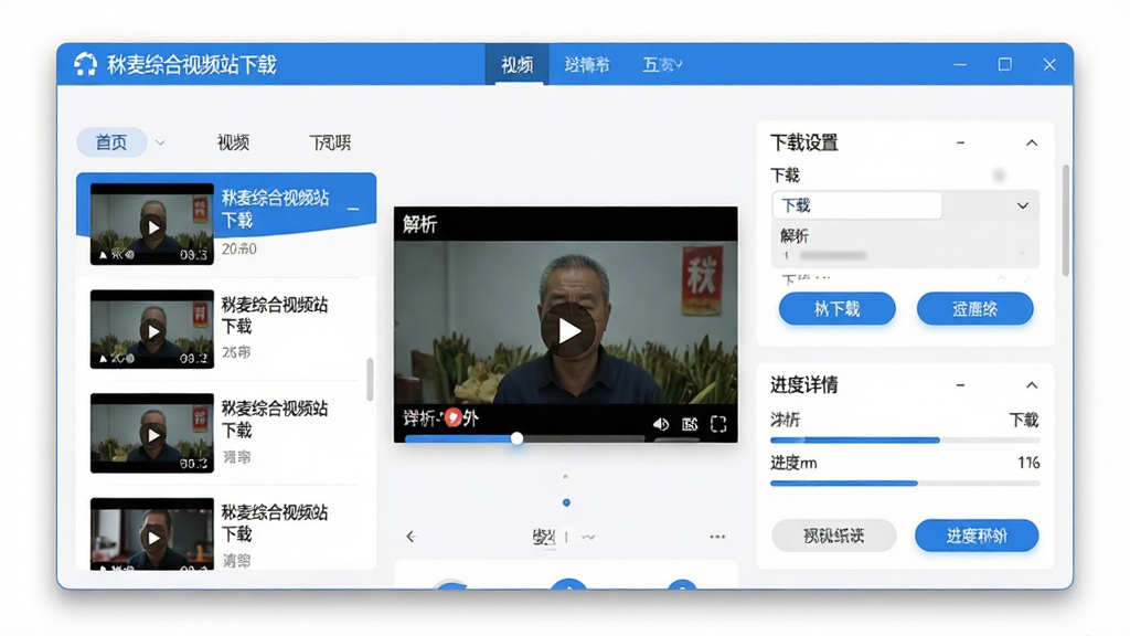 主体:稞麦综合视频站下载软件主界面,展示其简洁清晰的布局。布局:左侧为视频列表,右侧为下载设置和进度详情。排版:采用现代扁平化设计,功能区划分明确,标题栏显示软件名称“稞麦综合视频站下载”。风格:科技感与实用性结合,色彩以蓝白为主,干净明亮。细节:界面窗口边缘有柔和阴影,按钮高亮显示,屏幕中模拟显示一个视频正在解析。画质:高清渲染,干净,无多余元素。