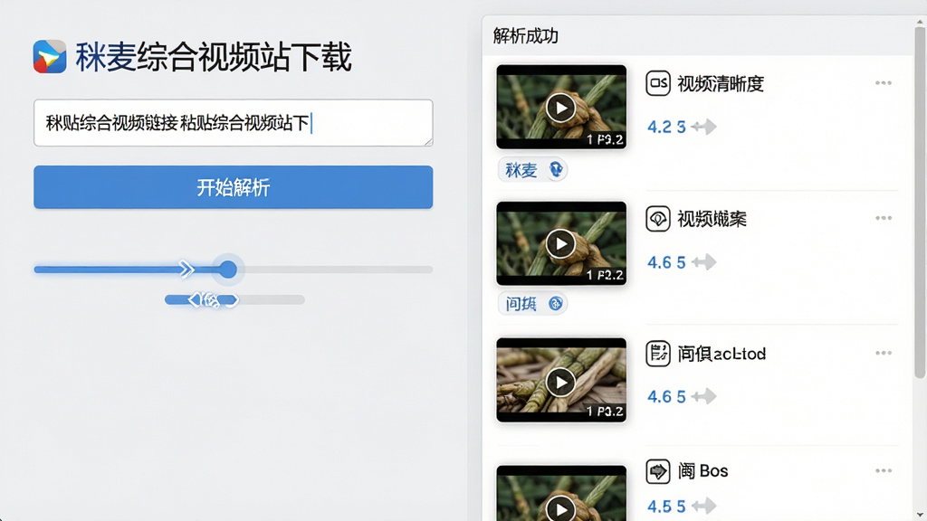 主体:稞麦综合视频站下载的解析功能演示界面。布局:左侧为输入框,粘贴有视频链接,右侧显示解析成功后的视频列表。排版:输入框上方有“稞麦综合视频站下载”字样,下方为“开始解析”按钮,列表清晰展示视频清晰度选项。风格:简洁实用,色调为浅灰与蓝色搭配。细节:解析过程有进度条动画,视频缩略图清晰显示。画质:细腻逼真,干净,无多余元素。