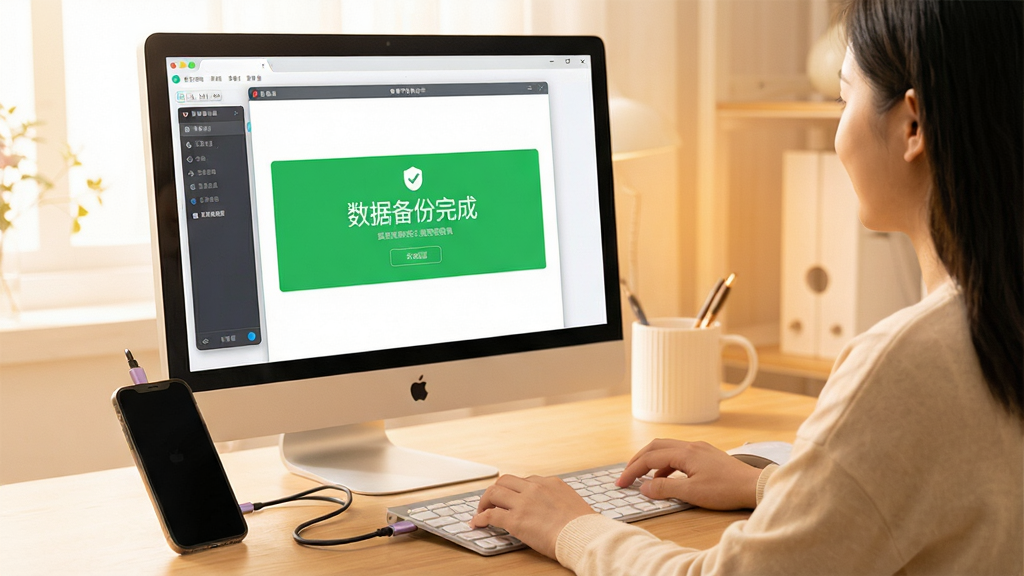 一张用户正在电脑前操作好卓手机助手软件的场景,电脑屏幕清晰显示“数据备份完成”的绿色提示字样,手机放在一旁并连接着数据线,整体色调明亮温馨,强调软件的安全可靠,画质干净。
