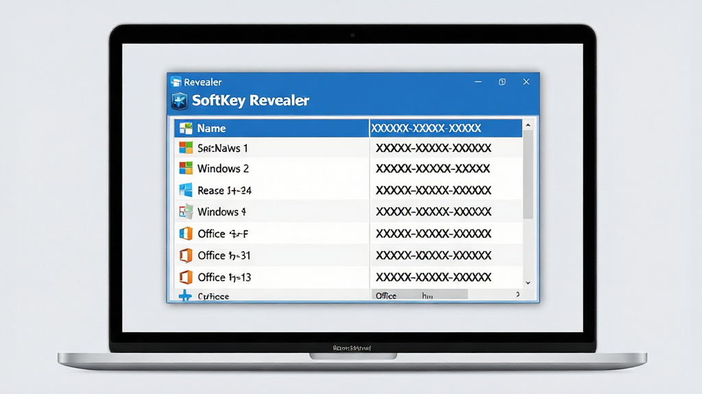 ���壺һ̨�ʼǱ�������Ļ��ʾ��SoftKey Revealer���������棬�����������г�Windows��Office�Ĳ�Ʒ��Կ�����֣���Ļ���У���������ռ����Ҫ���򣬴������ж���б���Ű棺�����б�ʽ���֣����Ϊ�������ƣ��Ҳ�Ϊ��Կ�ַ�������ִ��Ƽ��У�������ɫ��������ǳ�ҡ�ϸ�ڣ���Կ�ַ��á�XXXXX-XXXXX-XXXXX����ʽչʾ���������ơ�SoftKey Revealer���ð�ɫ���塣���ʣ����壬�ɾ����޶���Ԫ�ء�