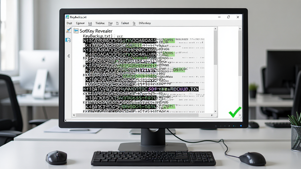 ���壺һ̨̨ʽ����ʾ������ʾSoftKey Revealer�����ɹ���TXT�ĵ����ĵ��а���������Կ�����֣���ʾ�����У��Ա������ͼ��̡��Ű棺TXT�ĵ����������ɼ�����Կ�ַ����������дʵ��񣬰칫�һ���������ϸ�ڣ��ĵ���Ϊ��KeyBackup.txt�����������½�����ɫ�Թ������ʣ����壬�ɾ����޶���Ԫ�ء�