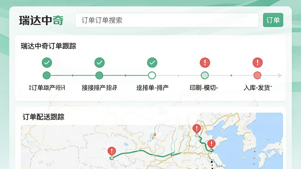 主体为“瑞达中奇”软件订单跟踪页面,界面采用卡片式布局,顶部是订单搜索栏,中间为订单状态时间轴,显示“接单-排产-印刷-模切-入库-发货”各节点,下方为地图配送轨迹示意,整体风格清新商务,细节有绿色对勾和红色感叹号图标,画面干净无多余元素,文字显示“瑞达中奇订单跟踪”