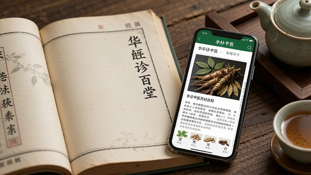 一本打开的中医书籍旁边放置一部手机,手机屏幕显示华诊中医的药材百科详情页,展示着一味中草药的图片与文字介绍,整体色调古朴典雅,有木质桌面与茶具,画质清晰干净,无多余元素。