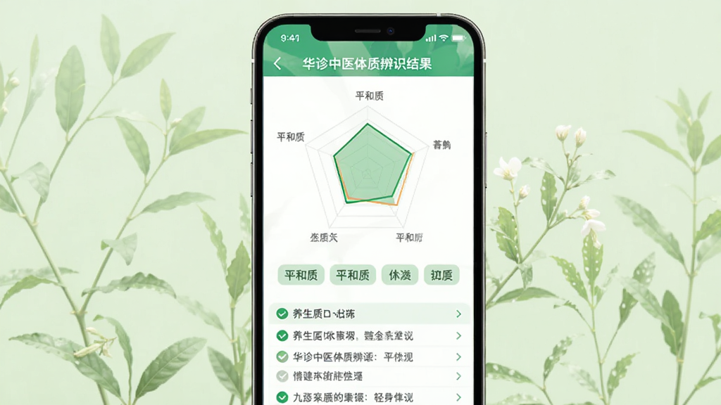 手机屏幕显示华诊中医体质辨识结果页面,页面中央为九种体质分布雷达图,下方有“平和质”等字样与养生建议列表,背景为淡绿色自然植物,画面简洁干净,突出APP界面。
