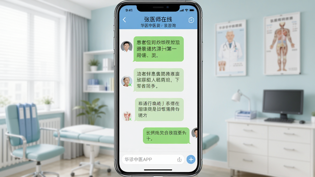 手机上的华诊中医APP聊天咨询界面,对话气泡中显示患者描述与医生回复,界面底部有输入框,顶部显示“张医师在线”等字样,背景为整洁的诊室,画面明亮干净,无多余元素。