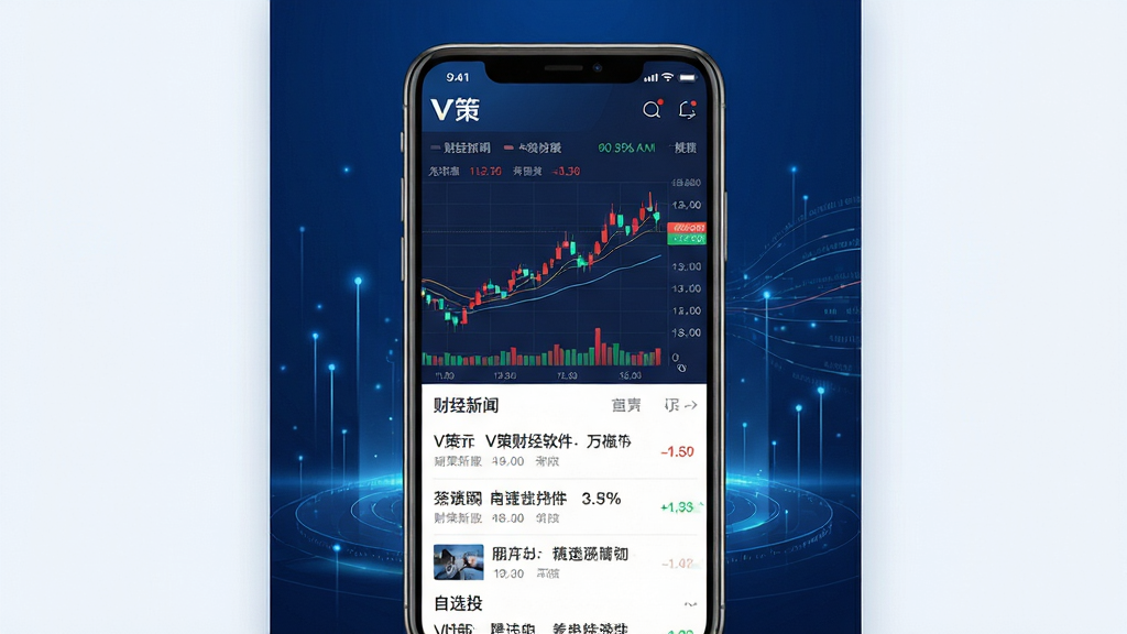 主体:V策财经软件的手机界面预览图,界面清晰展示股票行情图表、财经新闻列表和自选股板块。布局:手机居中,屏幕内容高亮,背景为深蓝色金融科技风格,带有微光效和数据流线条。排版:屏幕内信息排列整齐,图表线条流畅,新闻标题字号清晰。风格:现代科技感、专业金融、界面简洁大气。细节:屏幕上有“V策”品牌标识,数据图表有红绿涨跌颜色,整体光影层次分明。画质:8K超高清,细节丰富,干净无多余元素。