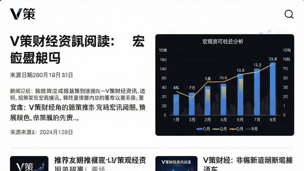 主体:V策财经资讯阅读页面,展示一篇宏观分析文章,配有数据图表。布局:左侧为新闻标题和摘要,右侧为数据可视化图表,底部有相关推荐。排版:标题加粗,段落清晰,图表以柱状图和折线图为主。风格:新闻阅读类APP风格,白底黑字,简洁明快。细节:屏幕左上角有“V策”标识,文章有发布日期和来源,图表有数据标签。画质:高分辨率,文本锐利,干净无多余元素。