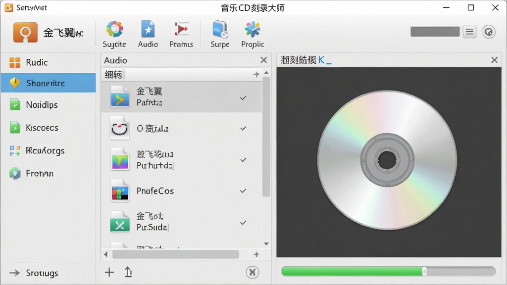 金飞翼音乐CD刻录大师的主界面预览图,展示其简洁的工具栏、音频文件列表和刻录进度条,整体布局清晰,左侧为功能导航,右侧为光盘内容编辑区,背景为柔和的浅灰色调,图标色彩鲜明,风格现代且专业,画质干净无多余元素。