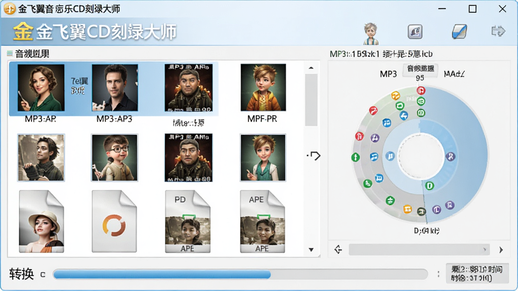 金飞翼音乐CD刻录大师的音频格式转换界面,展示多首不同格式歌曲同时导入,软件正在将MP3与APE文件转换为CD音轨,界面下方显示转换进度与剩余时间,整体色调明亮,图标清晰,画质干净无多余元素。