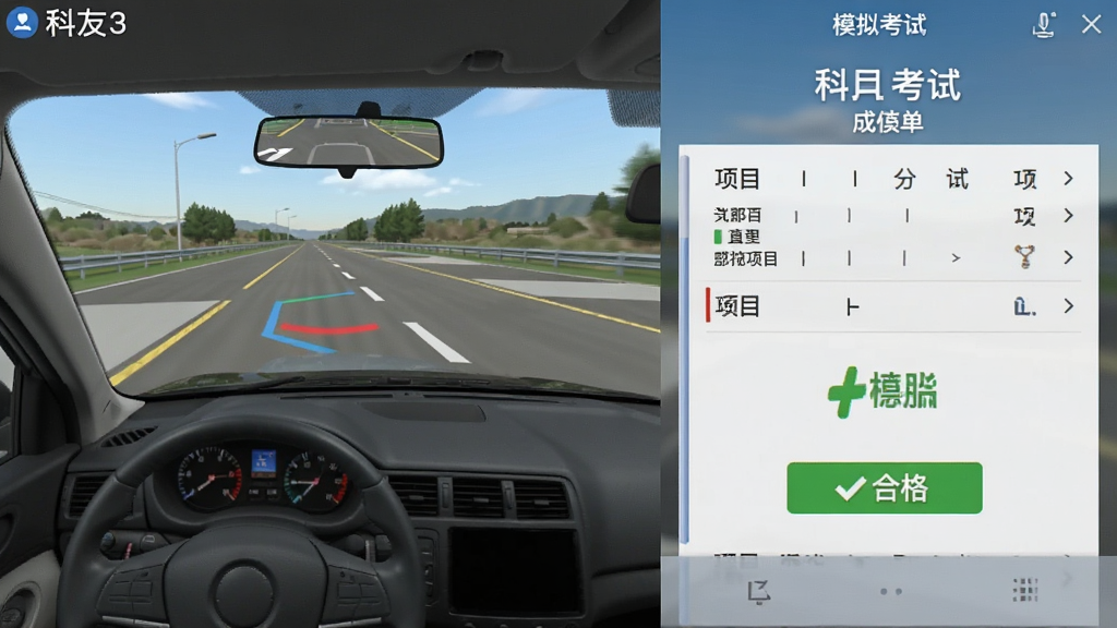 一张宽广的屏幕截图拼贴图,左侧展示友友车友模拟学车软件的科目三直线行驶场景,右侧展示模拟考试成绩单界面,上面有扣分项目和合格标志,排版整洁,风格写实,画质清晰。