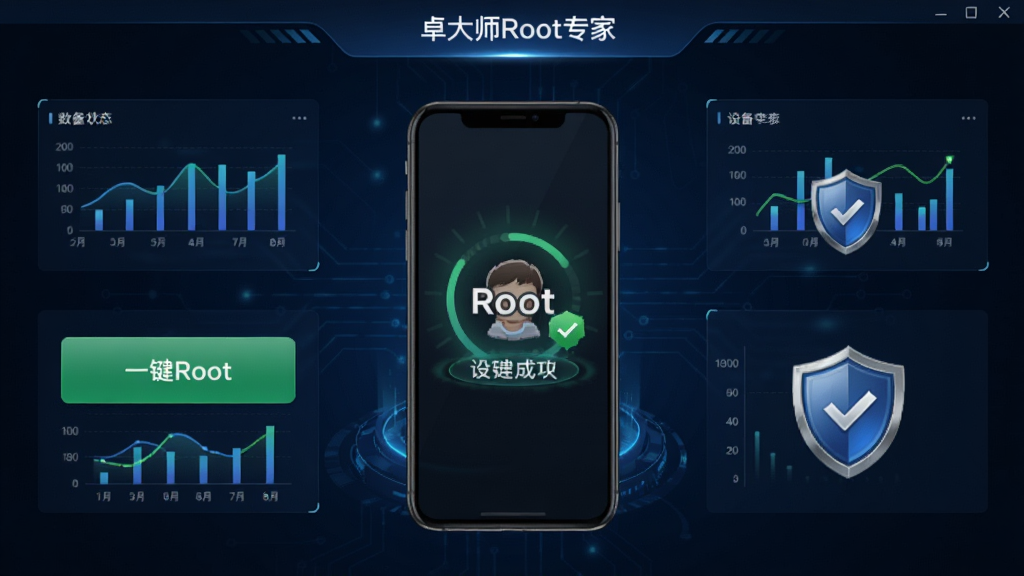 卓大师Root专家主界面预览图,展示一键Root按钮与设备连接状态,背景为深蓝色科技感UI,界面中央手机模型显示Root成功动画,四周环绕数据图表与安全盾牌图标,风格写实,画质清晰干净无多余元素