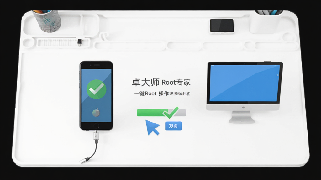 卓大师Root专家一键Root操作界面,手机与电脑连接示意图,点击按钮后出现进度条与绿色对勾,背景为简洁的白色工作台,风格扁平化,画质干净无多余元素