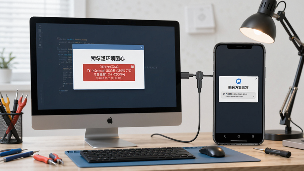 卓大师Root专家运行环境示意图,电脑与手机连接,屏幕显示错误代码与解决方案弹窗,背景为工作台,风格写实,画质清晰干净