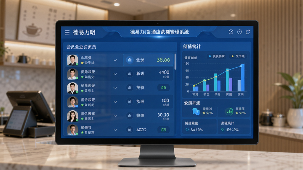 德易力明酒店茶楼管理系统会员管理界面,屏幕展示会员列表与储值统计图表,会员头像与积分信息整齐排列,背景为现代茶楼收银台,柔和光线,界面以蓝色为主色,数据可视化图形清晰,整体大气专业,干净无多余元素。