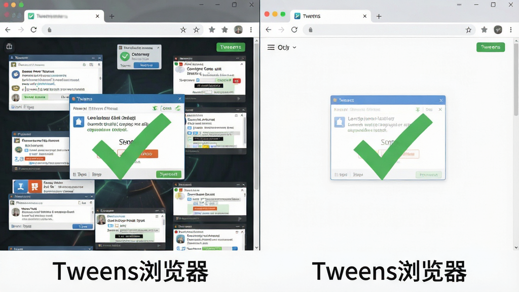 一张对比风格的图片,左侧为未安装拦截功能的网页,充满各种浮窗广告,右侧为使用Tweens浏览器后的同一网页,广告消失,页面整洁,下方有“Tweens浏览器”字样,布局左右对称,风格简洁明了,细节有绿色对勾标记,画质清晰,无多余元素。