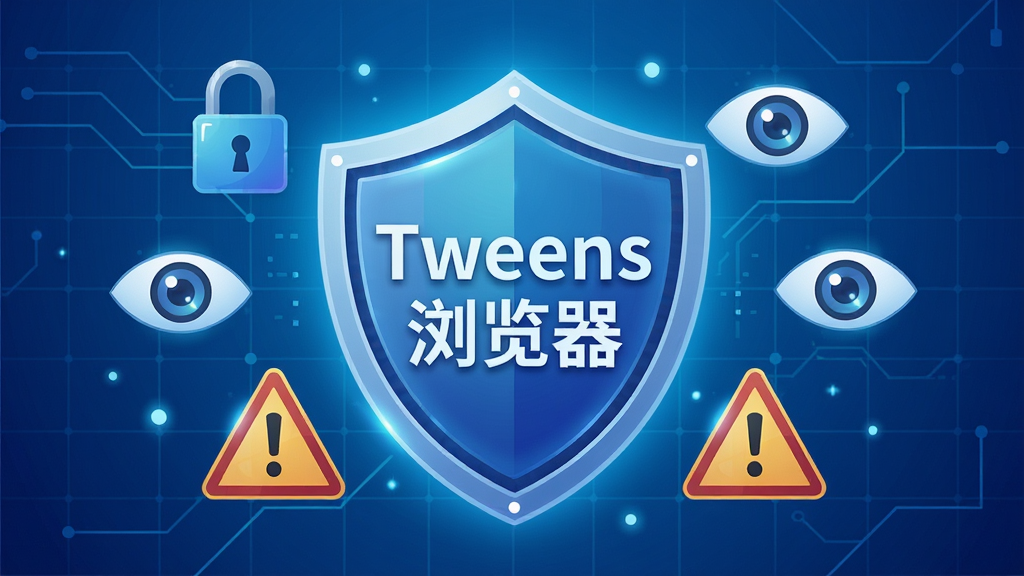 一幅插画风格的图片,画面中央是一个盾牌图标,盾牌上带有“Tweens浏览器”字样,盾牌四周环绕着锁、眼睛、警告标志等安全元素,背景为渐变的蓝色科技网格,主体突出,布局居中,排版清晰,风格未来感,细节有微光效,画质高清,干净简洁。