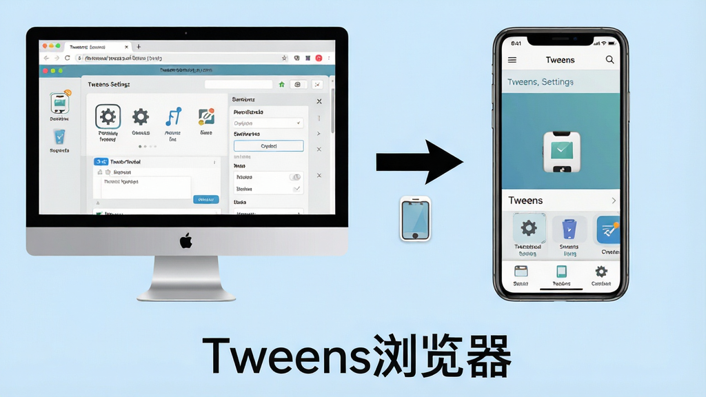 一张教程风格的图片,画面分为左右两部分,左侧为电脑屏幕显示Tweens浏览器设置界面,右侧为手机屏幕显示Tweens浏览器移动版界面,中间用箭头连接,下方有“Tweens浏览器”字样,背景浅蓝色,布局清晰,风格简洁实用,细节有设置图标和手机图标,画质干净无多余元素。