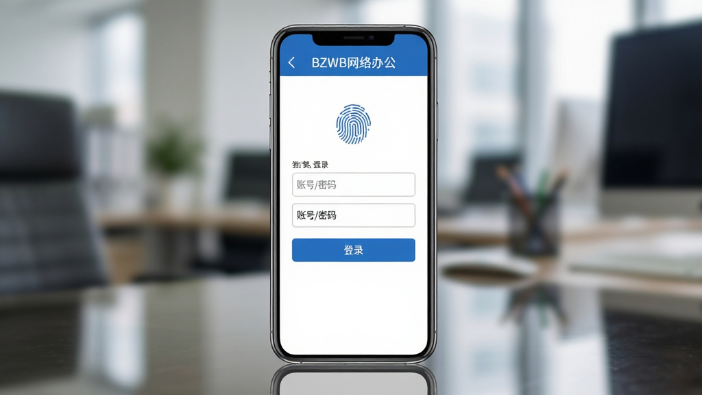 图片主体为一部智能手机竖屏显示BZWB网络办公的登录界面,屏幕中央有清晰的“账号/密码”输入框与蓝色登录按钮,手机底部反射出桌面光影。布局为居中特写,背景为虚化的办公环境。风格写实,细节包括屏幕上的文字“BZWB网络办公”与指纹图标,画质干净清晰。
