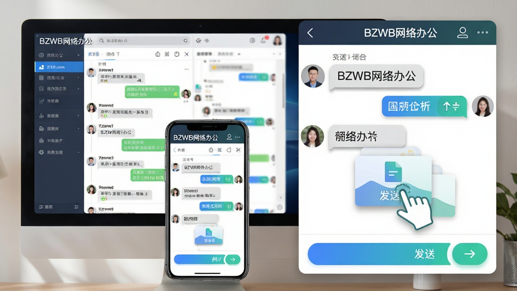 图片主体为电脑与手机并排展示的BZWB网络办公聊天界面,左侧是清晰的对话列表,右侧为放大的对话框并带有文件拖拽发送动画。布局采用左右分屏,风格写实,光线柔和,突出多端同步的便捷性。屏幕中文字清晰标注“BZWB网络办公”。细节包括消息气泡的阴影与发送按钮的蓝绿色渐变,画质干净无多余元素。