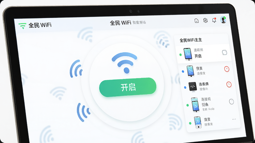��д�ʼǱ�������ȫ��WiFi���������棬����������һ����Ŀ�ġ���������ť����Χ�������ź�ͼ����������豸�б�������������Ʒ�񣬻��������ɾ�