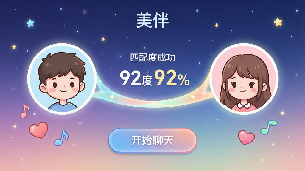 主体:“美伴”应用内的匹配成功界面,两名卡通头像通过一条发光纽带相连,中间显示“匹配度92%”。布局:左右对称结构,两个半弧形头像分别位于画面两侧,中心为匹配度数字,下方为“开始聊天”按钮。排版:界面元素居中排列,按钮采用圆角矩形,色彩与整体UI一致。风格:清新唯美的二次元风格,背景为星空渐变,光效柔和。细节:头像下方有飘浮的爱心与音符图标,突出社交属性。画质:高清,干净,无多余元素。