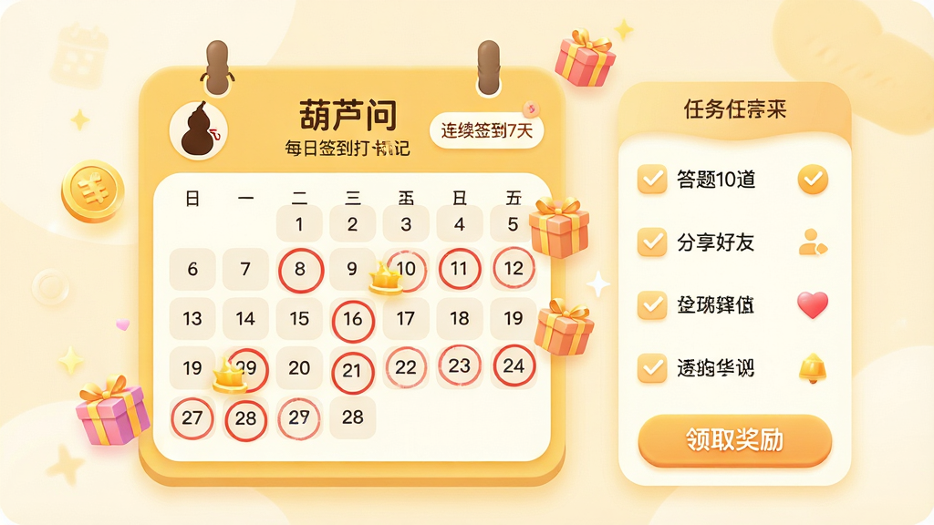 主体:一个日历形状的签到界面,上面有“葫芦问”每日签到打卡标记,周围悬浮着金币、礼物盒、经验值图标。布局:日历居中,右侧为任务列表,底部为“领取奖励”按钮。排版:日期格内用红圈标注已签到日,奖励图标悬浮在相应日期旁。风格:清新日历风,暖黄色调,圆角设计。细节:日历左上角有葫芦logo,右上角显示“连续签到7天”,任务列表包含“答题10道”、“分享好友”等条目。画质:柔和,干净,无多余元素。