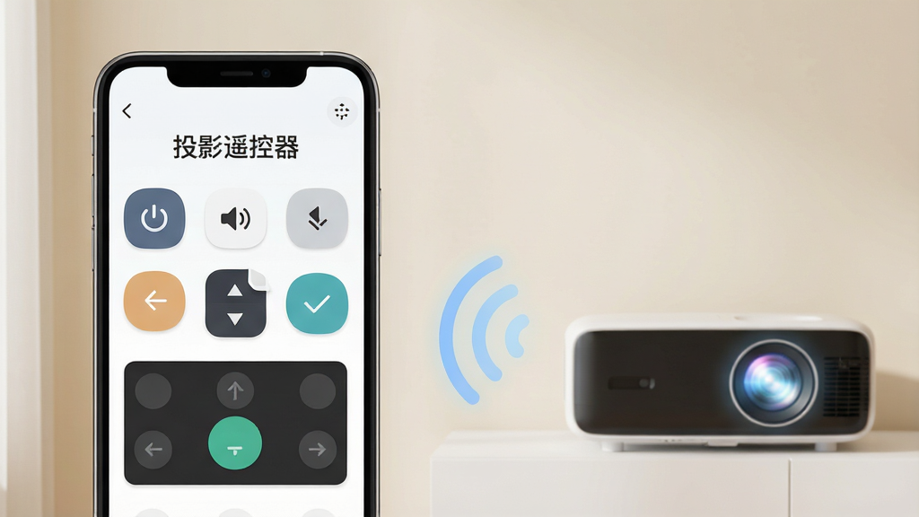主体:一部智能手机与一台现代智能投影仪在温馨客厅环境中无线连接。手机屏幕显示“投影遥控器”应用界面,包含虚拟按键和触控板,界面干净清爽。布局:手机位于画面左侧,投影仪位于右侧,两者之间用柔和的Wi-Fi信号波纹连接,背景为简洁的浅色墙壁,空间感强。排版:手机屏幕界面放大特写,突出“投影遥控器”字样和主要功能图标。风格:现代科技感,扁平化设计,色彩明亮。细节:手机界面上有电源、音量、方向键、确认键等图标,投影仪镜头微微发光。画质:高清渲染,干净,无多余元素。