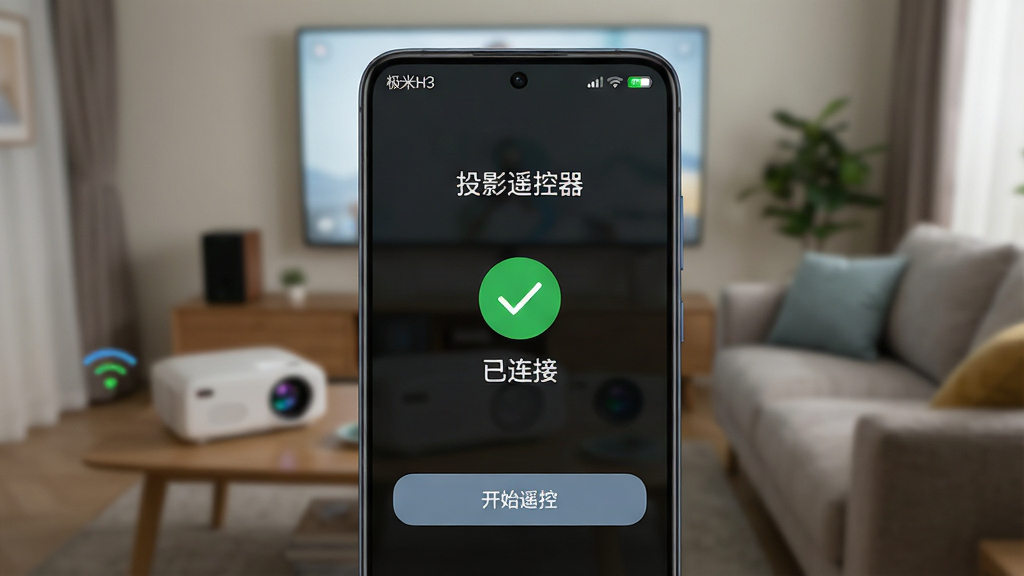 主体:智能手机屏幕特写,显示“投影遥控器”连接成功页面,有一个绿色对勾图标和“已连接”文字。布局:手机居中,背景虚化的客厅环境,有投影仪和沙发。排版:界面简洁,连接状态清晰,下方有“开始遥控”按钮。风格:写实风格,光线柔和。细节:手机屏幕上显示设备名称“极米H3”,Wi-Fi信号满格。画质:超高清,干净,无多余元素。