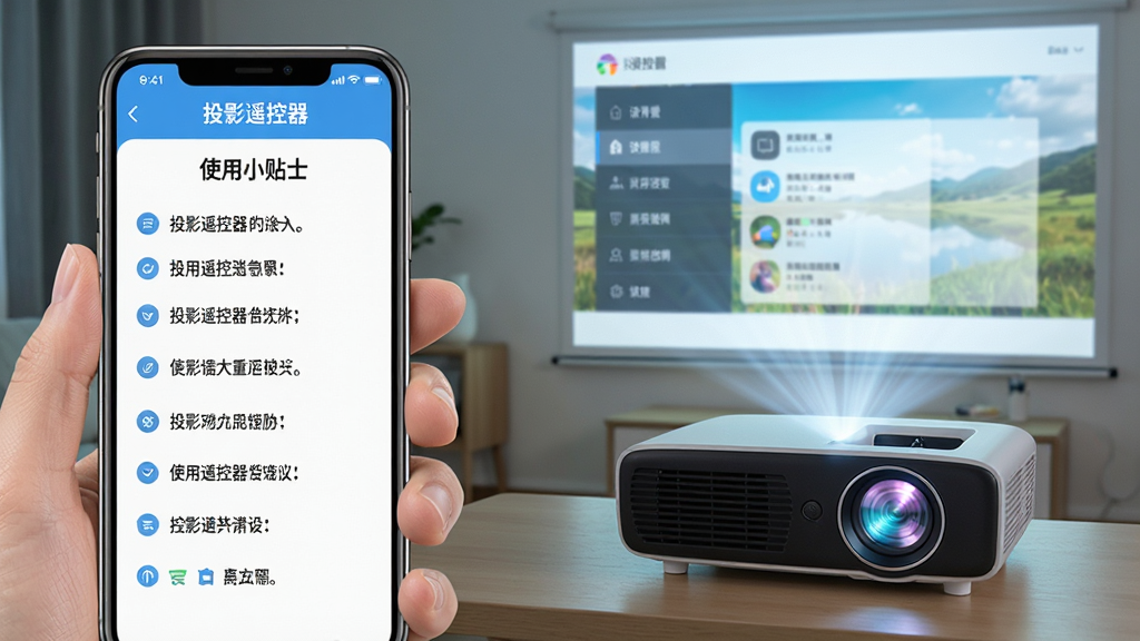 主体:一部智能手机正在控制一台投影仪,手机屏幕上显示“投影遥控器”的“使用小贴士”界面,有文字列表。布局:手机在左,投影仪在右,投影画面显示清晰的图像。排版:手机界面文字内容可读。风格:教育风格,色调明快。细节:手机界面列出多条使用建议,投影仪屏幕显示设置菜单。画质:高清细节,干净,无多余元素。