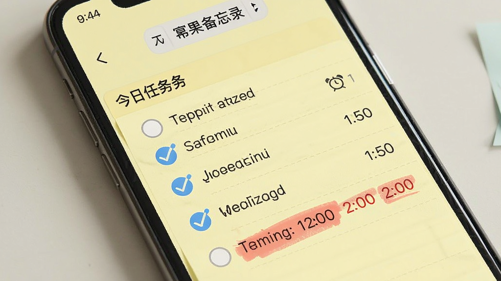 幂果备忘录记事本待办清单视图,手机界面显示今日任务列表,每条任务前有圆形复选框,部分已勾选完成,顶部有日期选择器,背景为淡黄色便签风格,布局简洁,细节有闹钟图标和红色高亮截止时间,画质柔和干净