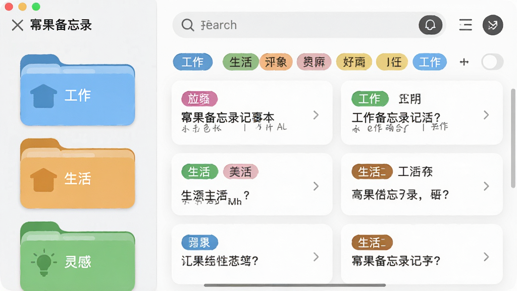 幂果备忘录记事本智能分类界面截图,左侧栏展示多个彩色文件夹图标如