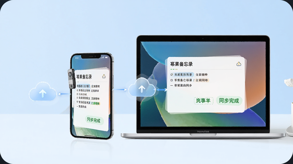 幂果备忘录记事本多端同步概念图,主体为一部智能手机与一台笔记本电脑并排放置,屏幕中浮现相同内容的笔记卡片并带有云朵连接图标,背景为浅蓝色渐变,布局居中对称,风格简洁科技感,细节突出
