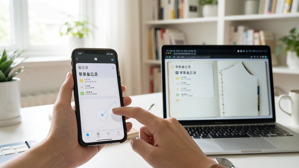 幂果备忘录记事本使用场景示意图,主体为一个人手指在手机上点击备忘录应用,旁边有一台笔记本电脑显示相同内容,背景为明亮的书房环境,布局自然,风格写实摄影感,细节突出多端同步提示,画质清晰生活化