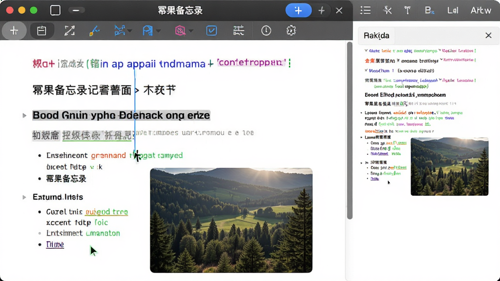 幂果备忘录记事本编辑界面展示,主体为编辑器工具栏与文本区域,文本中包含不同颜色的字体、加粗标题、列表和一张嵌入的图片,右侧显示Markdown预览效果,风格现代编辑器风格,细节展示光标位置,画质高清展示排版效果