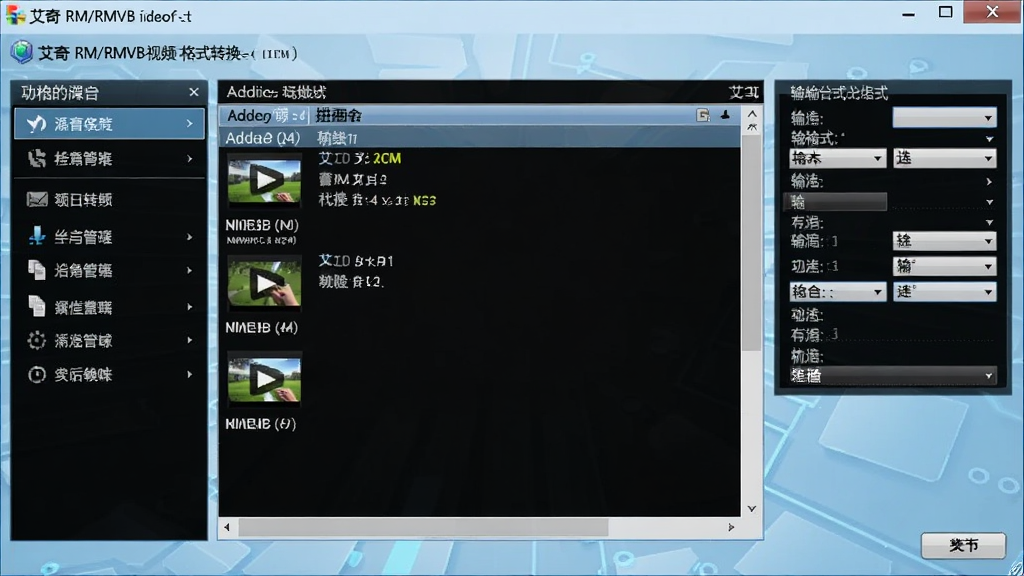 艾奇RM/RMVB视频格式转换器主界面预览图,软件界面布局清晰,左侧为功能列表,中间显示添加的视频文件列表,右侧为输出格式选择区域,背景为浅蓝色科技风格,界面文字清晰,整体画面干净,无多余元素,高画质