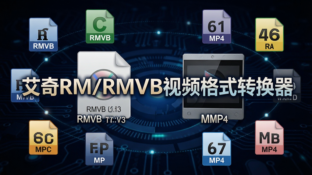 艾奇RM/RMVB视频格式转换器格式转换过程示意图,画面中显示一个视频文件正在从RMVB格式转换为MP4格式,周围有多个格式图标环绕,背景为深色科技感光效,软件名称“艾奇RM/RMVB视频格式转换器”以醒目字体显示在画面中央,整体色彩丰富,细节精致,画质清晰,无多余元素