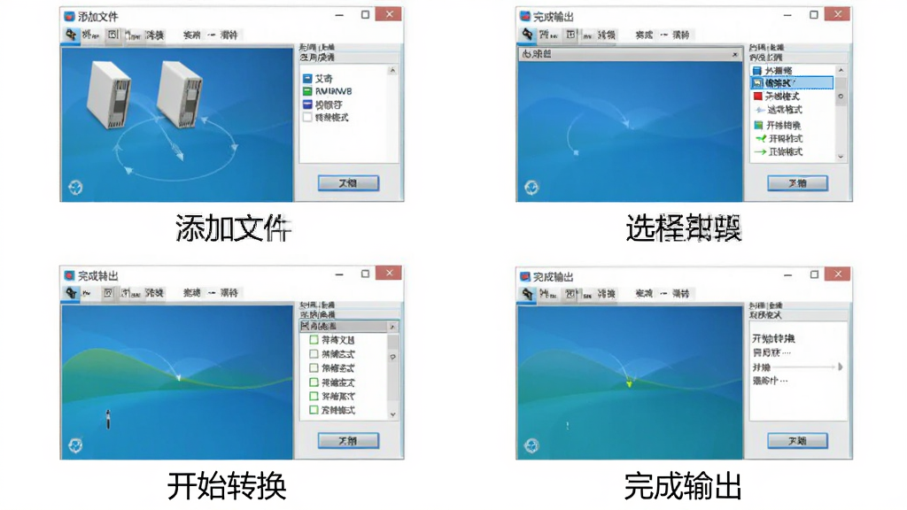 艾奇RM/RMVB视频格式转换器使用教程步骤图,画面分为四个小图,分别展示添加文件、选择格式、开始转换、完成输出的操作界面,每张图下方有文字标注,整体风格简洁明了,背景为白色,软件界面清晰可见,画质高清,无多余元素