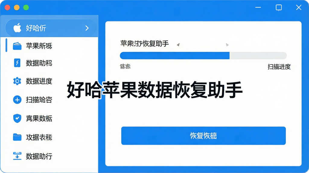 一副展示好哈苹果数据恢复助手主界面的高清截图,界面左侧为功能列表,右侧为扫描进度条与恢复按钮,整体风格简洁明亮,蓝白配色为主,窗口中央显示“好哈苹果数据恢复助手”字样,画质清晰干净,无多余元素