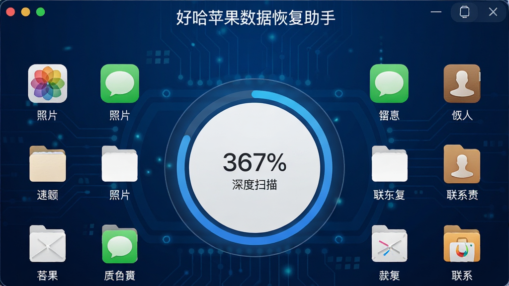 一张好哈苹果数据恢复助手进行深度扫描时的界面预览图,屏幕中央显示扫描进度环,周围分布着文件类型图标,如照片、消息、联系人等,背景为深蓝色科技感风格,软件名称“好哈苹果数据恢复助手”置于顶部,整体布局清晰,画质高清无杂质
